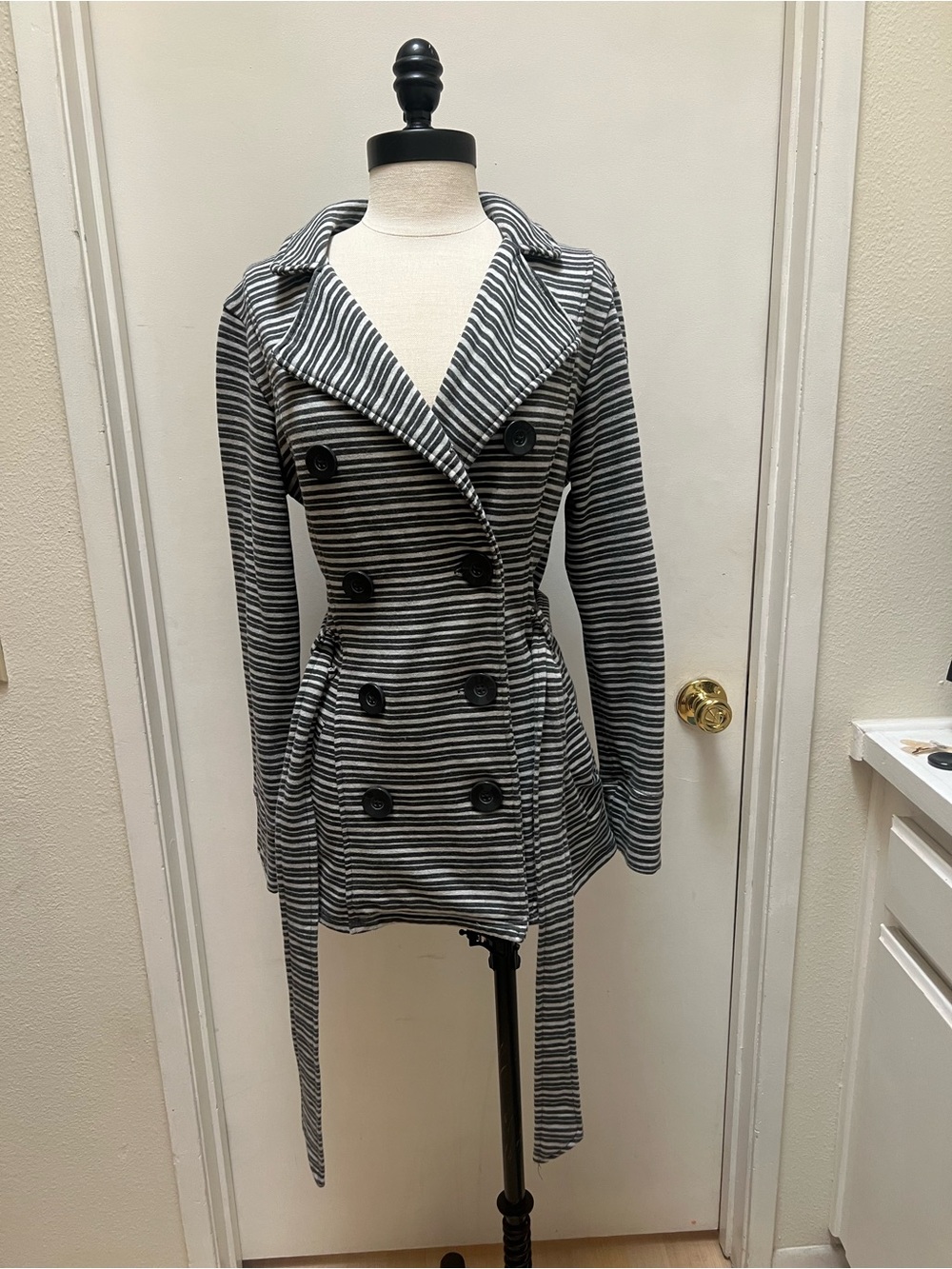 Merona Black & White Striped Double-Breasted Peacoat